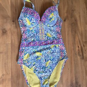Lilly Pulitzer Blue Pink Yellow Patterned One-Piece Swimsuit
